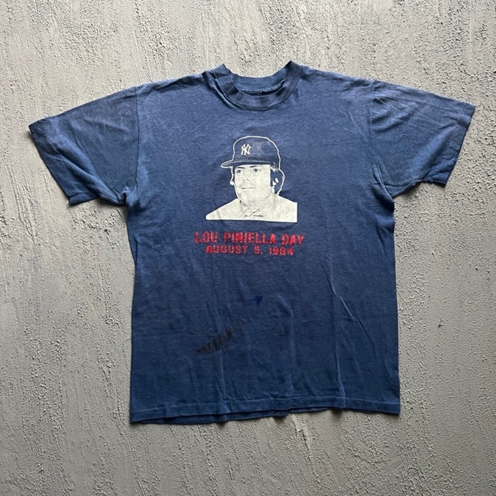 Vintage New York Yankees Shirt Medium Blue 1980s Lou Piniella Day MLB Baseball